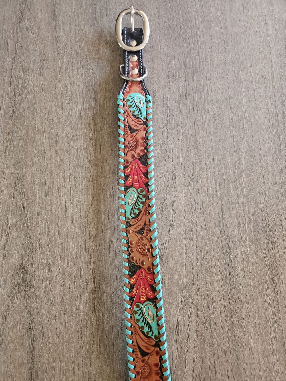 Hand-Tooled Leather 24" Dog Collar with Turquoise Stitching and Floral Accents